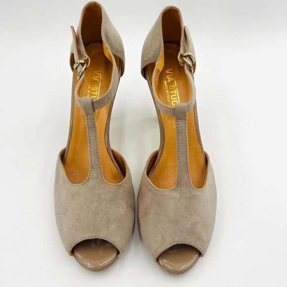 Via Studio Open Toe Platform T-Strap Nude Suede Pumps Size 38 - Picture 4 of 13